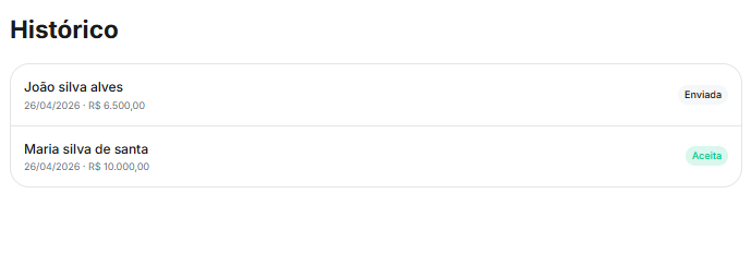 Tela de Histórico do Propvio listando propostas com cliente, data, valor e status (Enviada, Aceita)