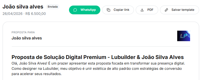 Captura real de uma proposta no Propvio com cabeçalho, dados do cliente e ações de WhatsApp e PDF